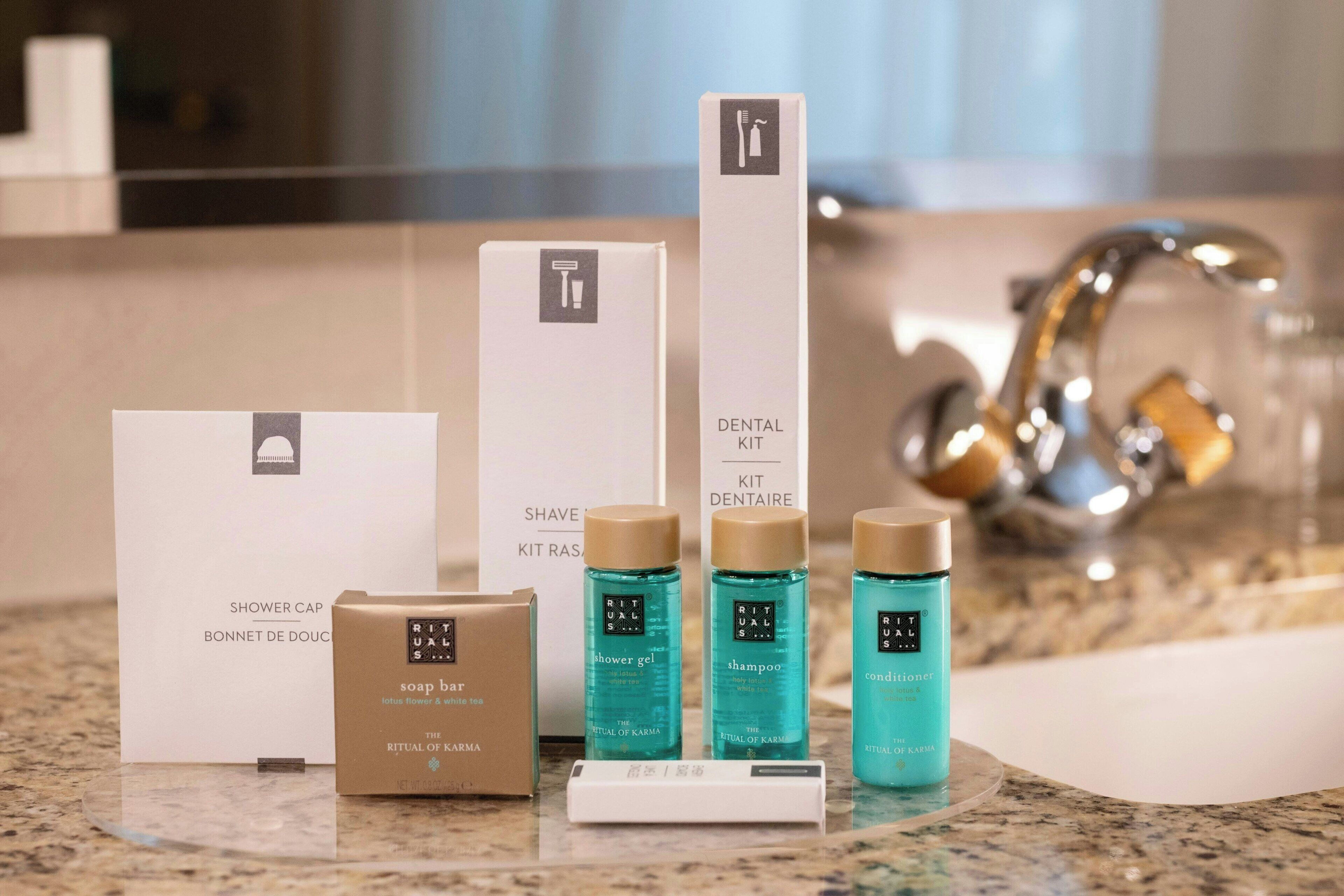 combined shower/bathtub, free toiletries, hair dryer, bathrobes