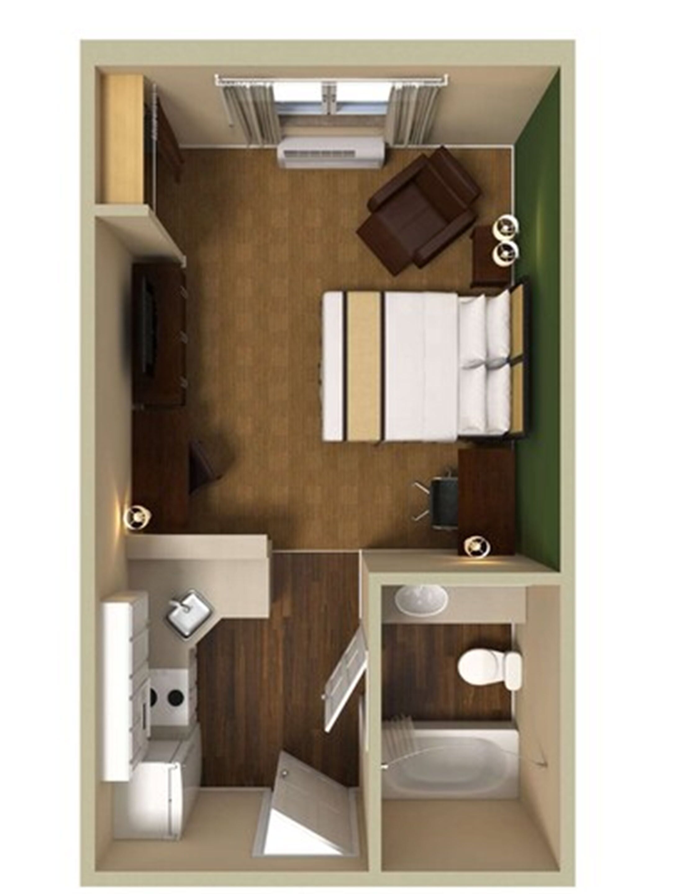 Een compact studio-appartement met een kitchenette, een badkamer, een klein zithoekje en een bed.