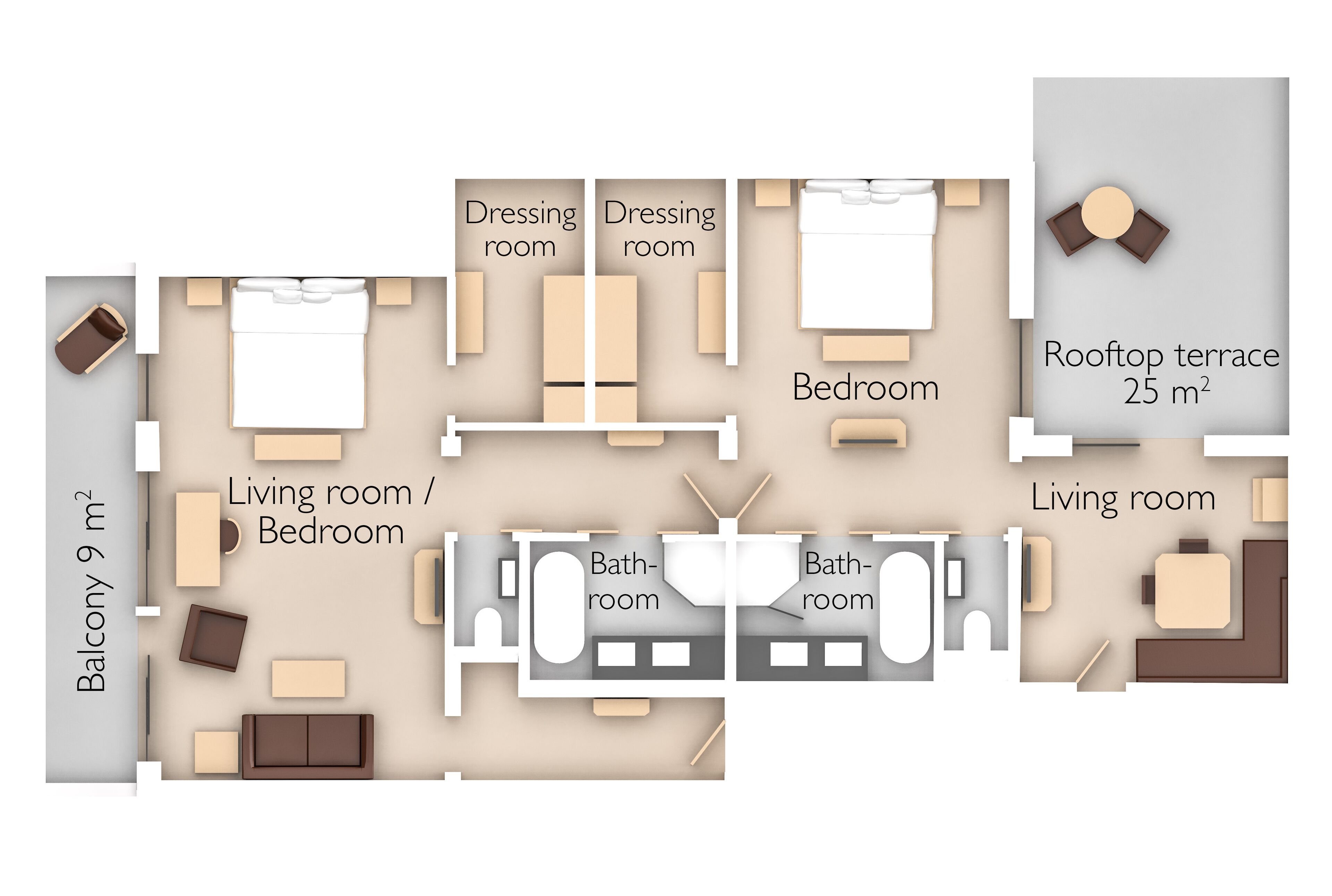 A floor plan of a hotel with a balcony, two living rooms, two bedrooms, two dressing rooms, two bathrooms, and a rooftop terrace.