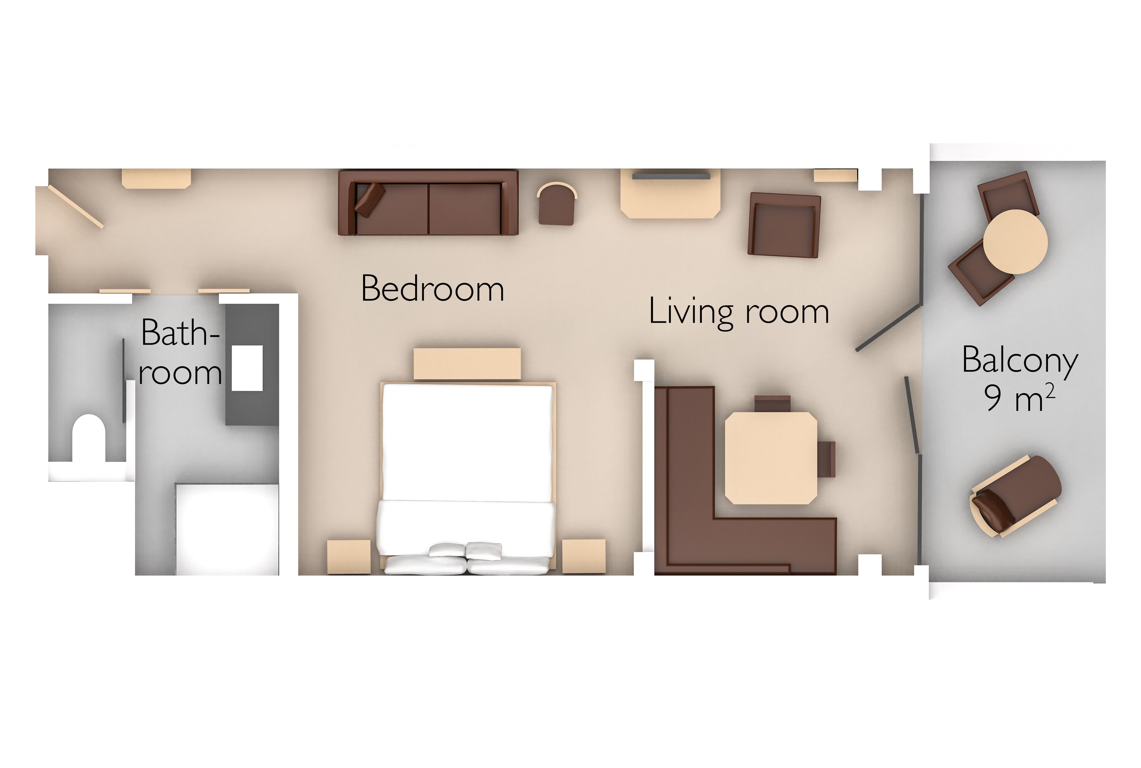 A floor plan of a hotel room layout including a bathroom, bedroom, living room, and balcony.