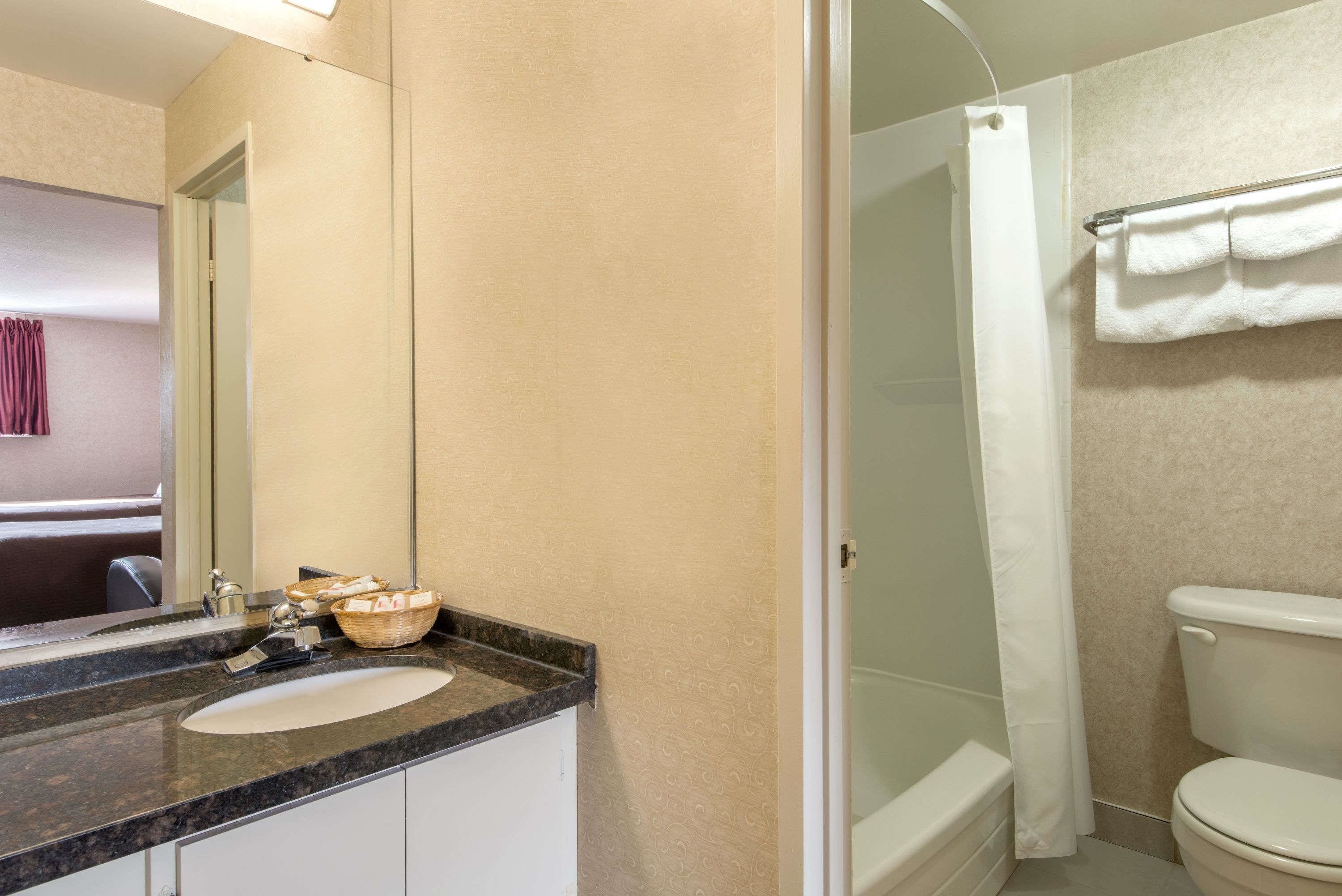 A bathroom with a sink, mirror, and shower.