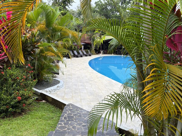 A pool area with a stone pathway, surrounded by tropical plants and a lounge area with umbrellas.