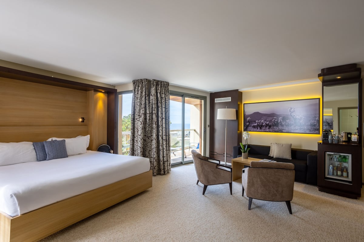 A hotel room with a large bed, a desk with a chair, a sofa, a large window with curtains, and a mounted TV.