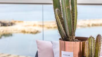 A cactus plant in a copper pot on a table with a white speckled tablecloth, overlooking a body of water and a distant shoreline.