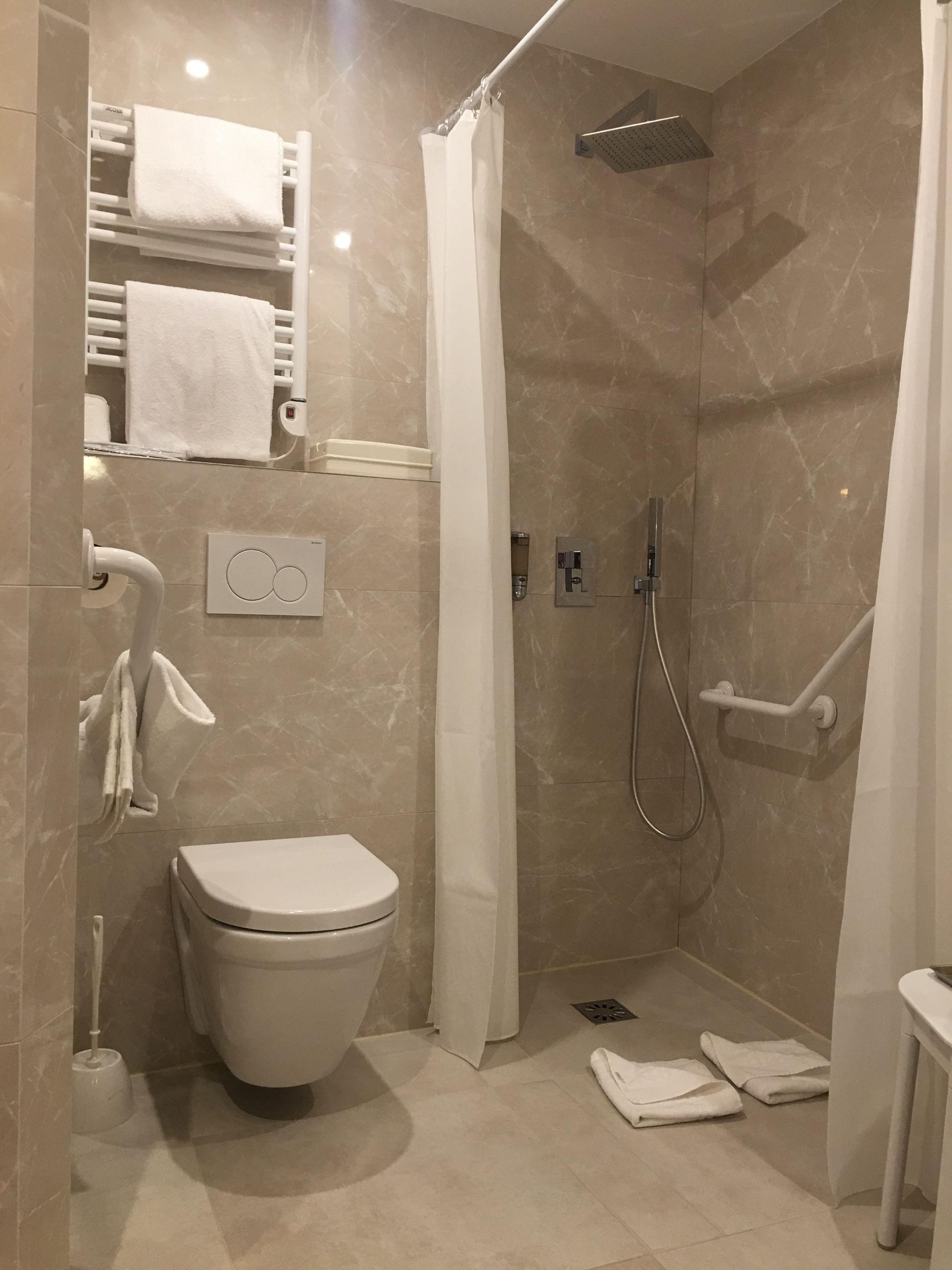 A modern bathroom with a toilet, shower, and handrails.
