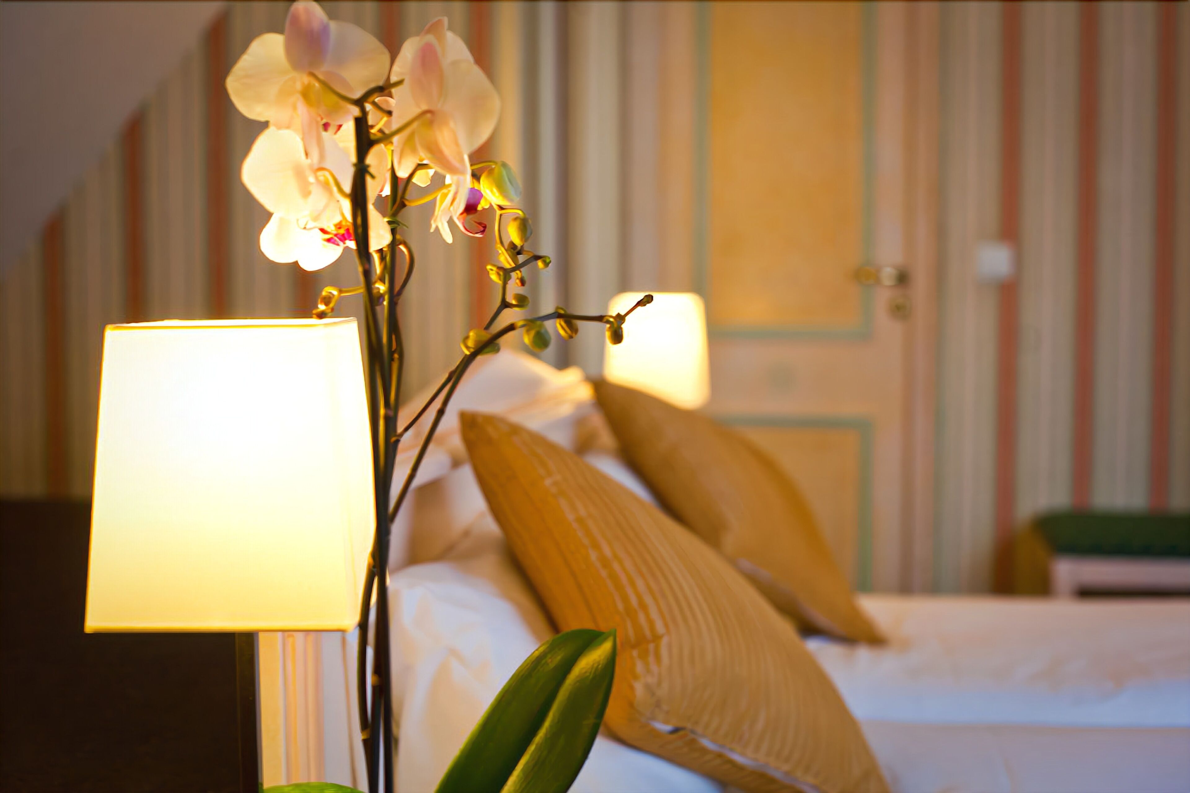 Quarto de hotel com cama, almofadas, abajur e uma orquídea.