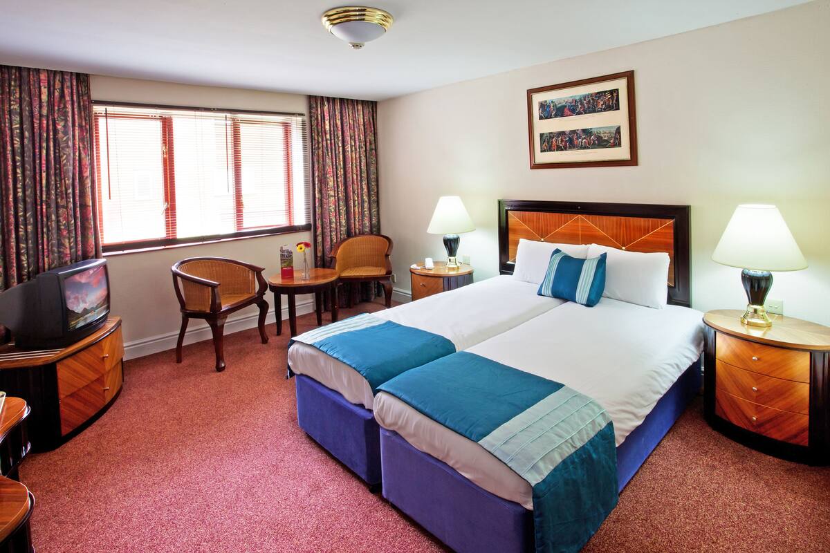 A hotel room with a large bed, two bedside tables with lamps, a television, a chair, and a small table with a vase.