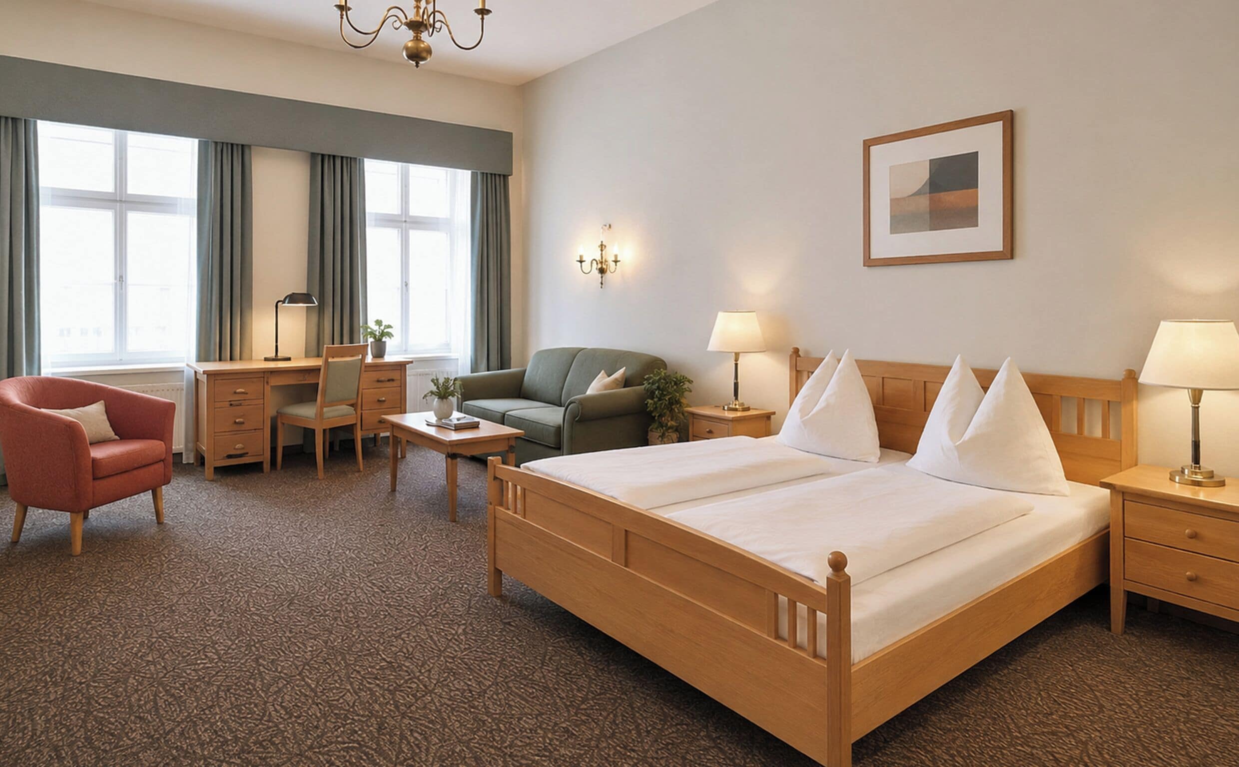 A hotel room with a bed, desk, chair, sofa, and lamps.