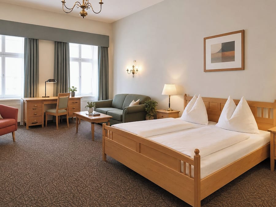 Ein Hotelzimmer mit Bett, Schreibtisch, Sessel, Sofa und Lampen.