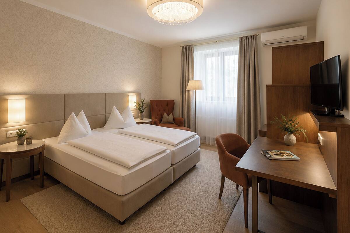 Habitación de hotel con una cama doble, un escritorio con silla, televisión y un candelabro.