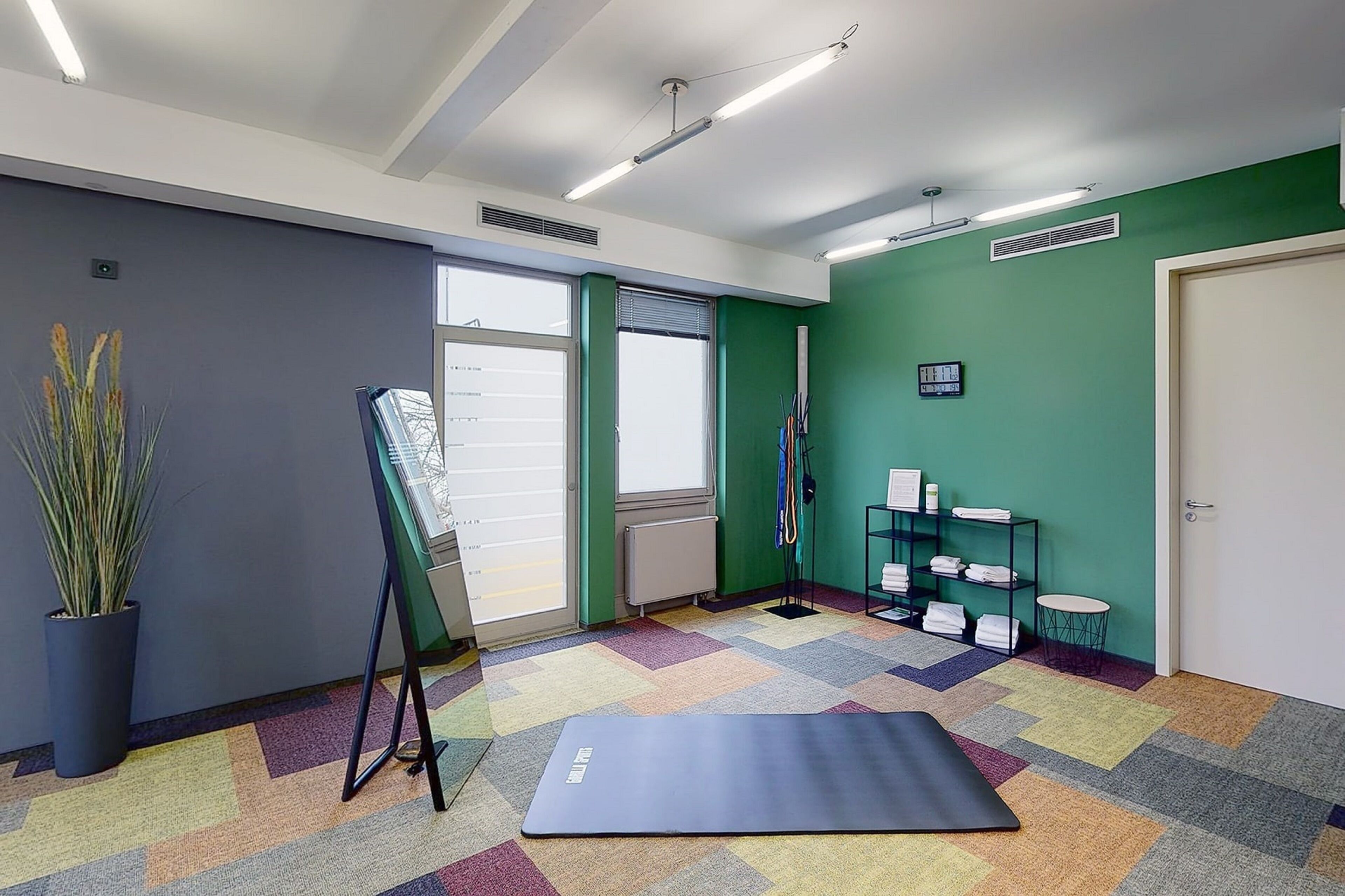 Una habitación con una alfombra colorida, una esterilla de yoga, un escritorio de pie, una planta en maceta y un estante con toallas.