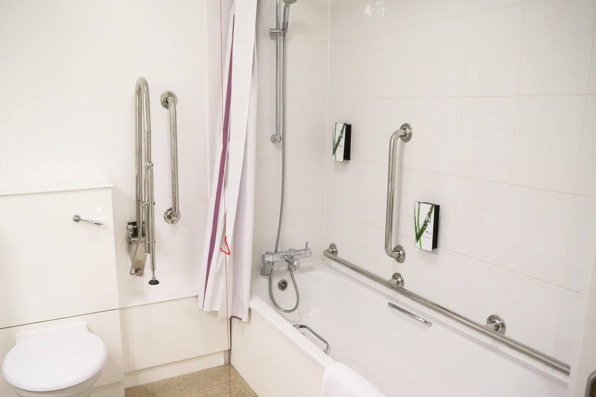 Ein Badezimmer mit Toilette, einer Dusche mit Haltegriffen und einer Badewanne mit Duschbrause.