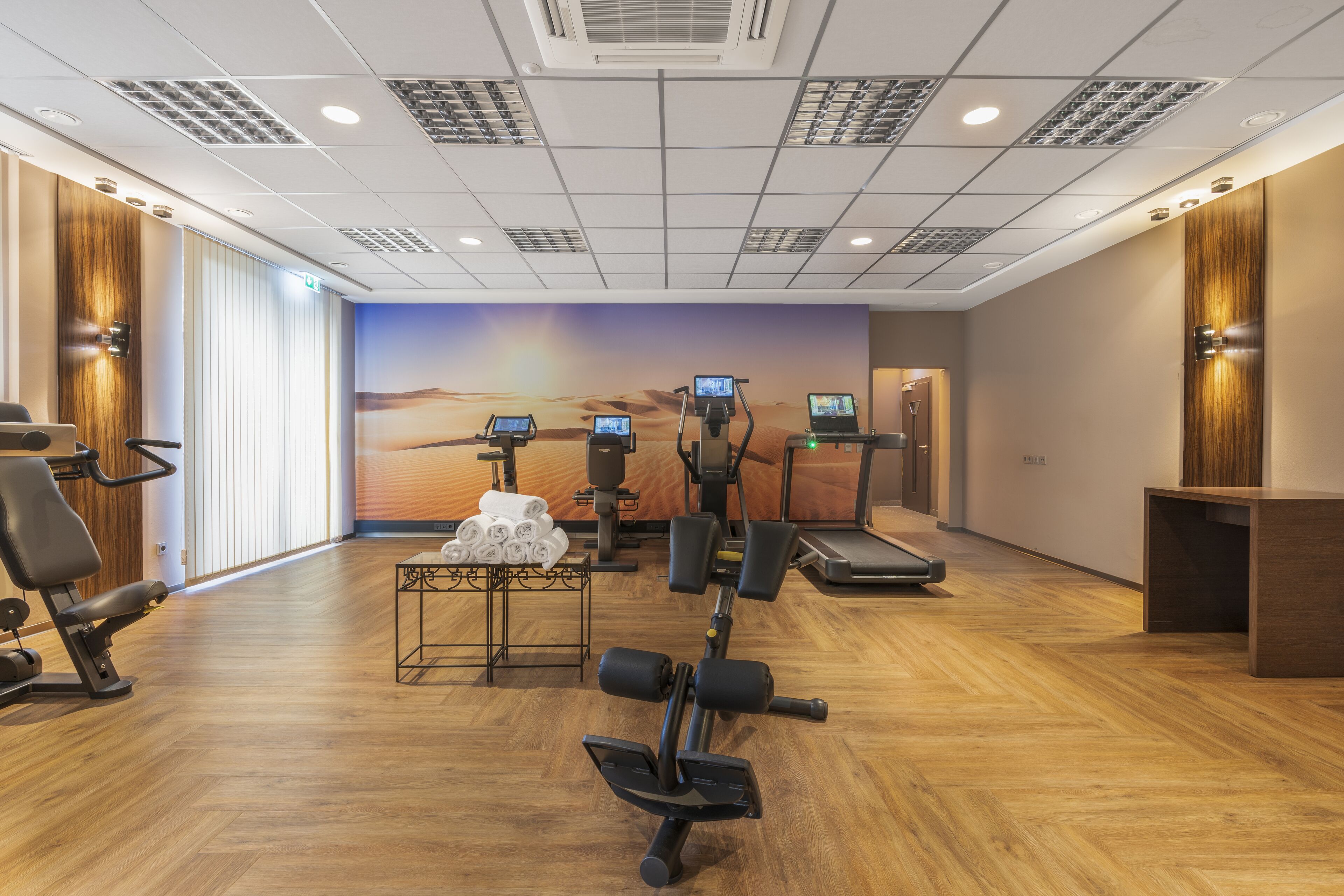 A gym with exercise equipment, a treadmill, and a wall mural.