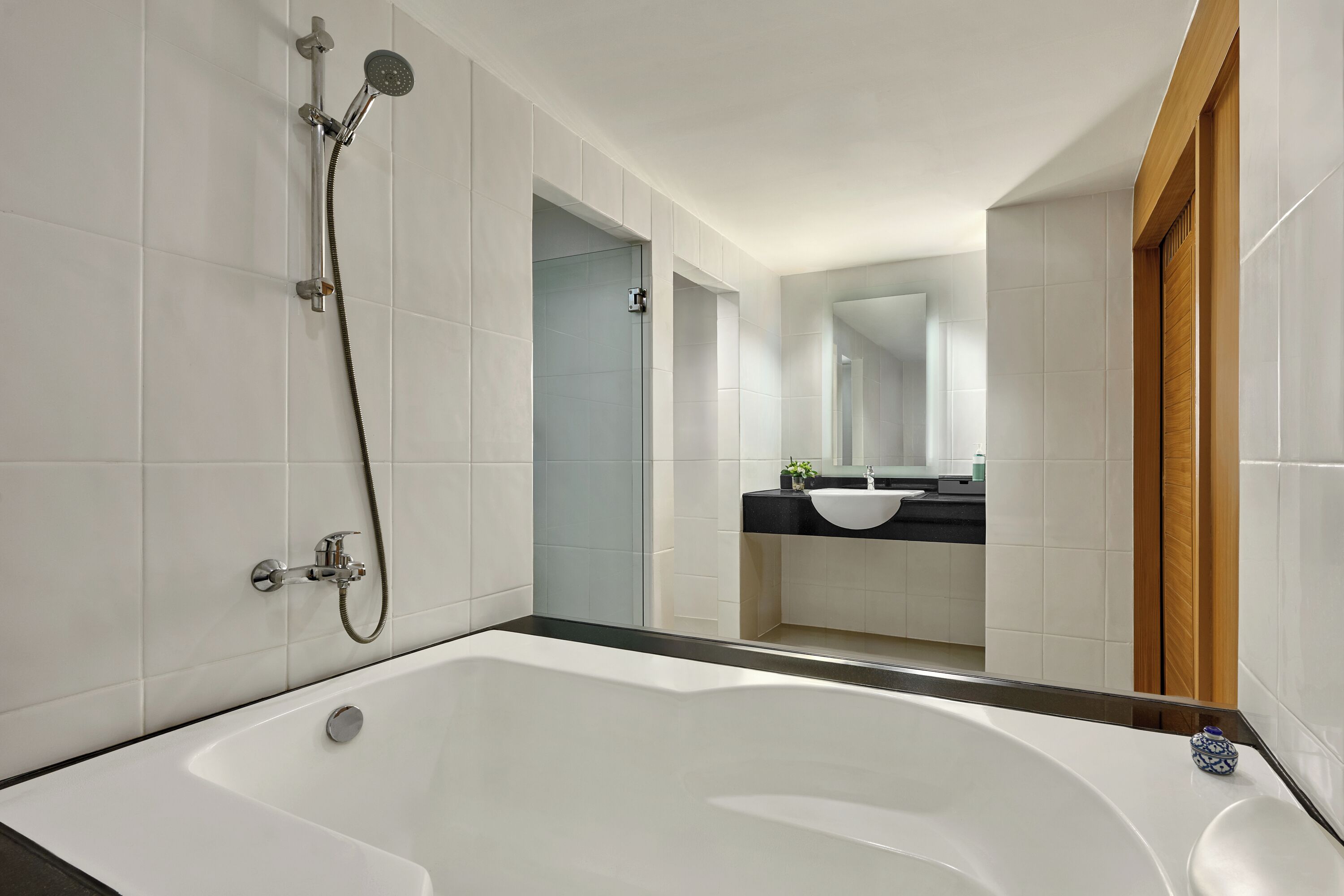 Une salle de bain moderne avec une grande baignoire, une douche et un lavabo avec un miroir.
