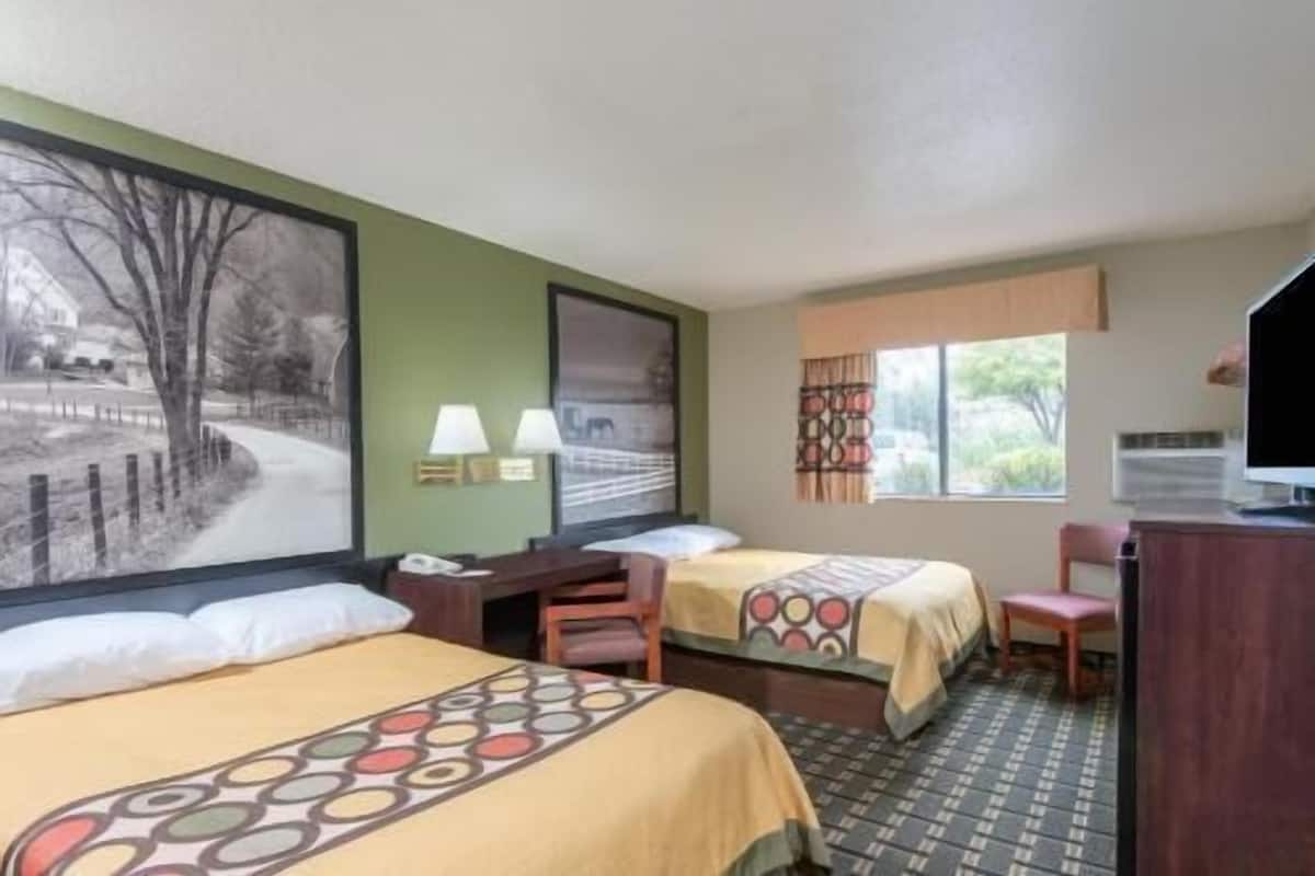 A hotel room with two beds, a desk, a chair, a TV, and a window with a view of trees.
