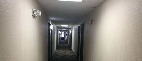A narrow hallway with patterned carpet, doors on both sides, and a ceiling light.