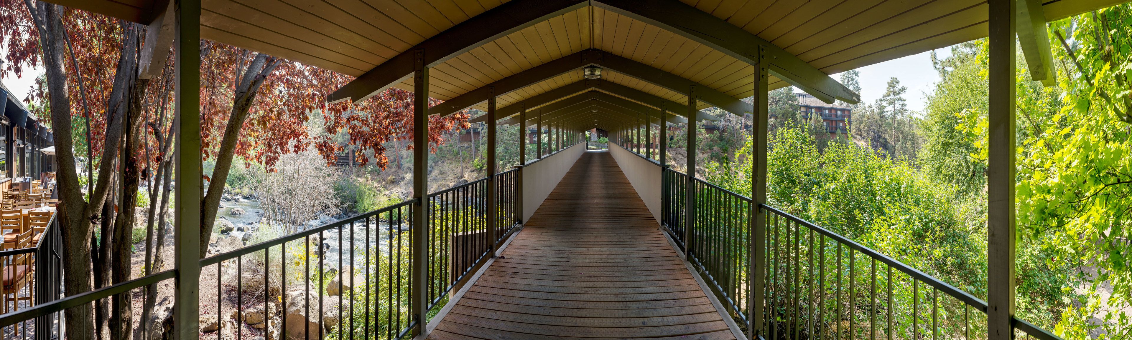 A wooden walkway with metal railings, surrounded by trees with autumn foliage.