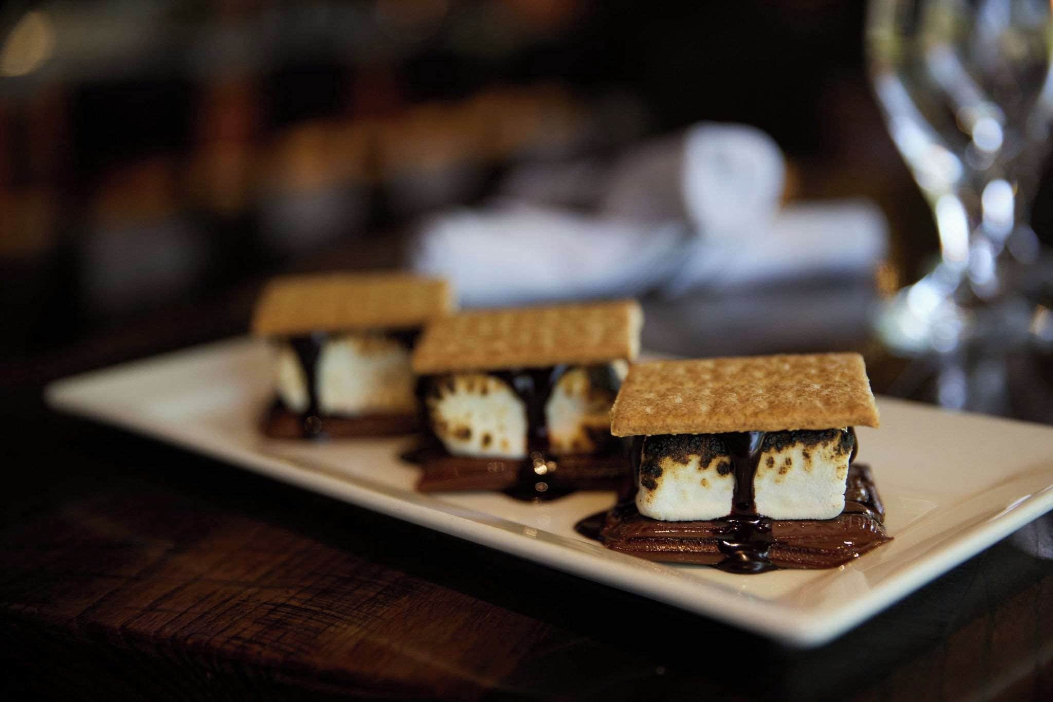 A dessert presentation on a rectangular plate.