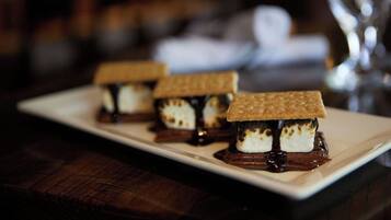 A dessert presentation on a rectangular plate.