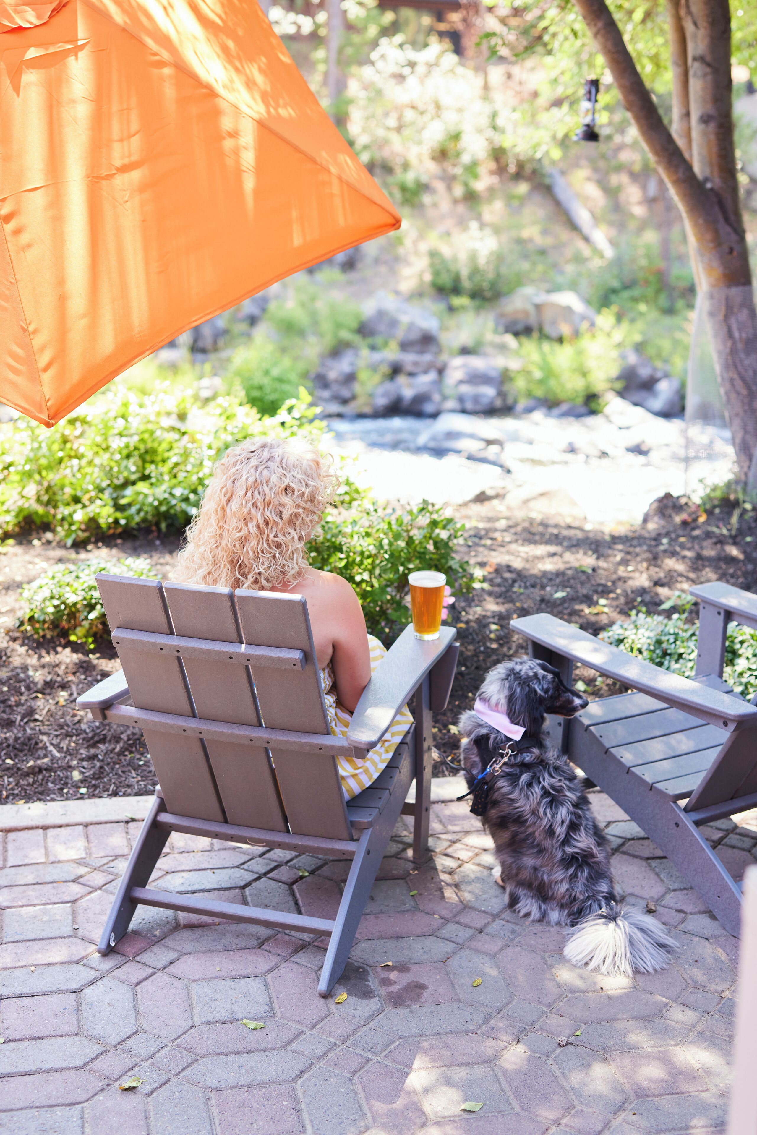 Une personne assise à une table, avec une boisson devant elle, un chien à ses côtés et un parasol orange en arrière-plan.