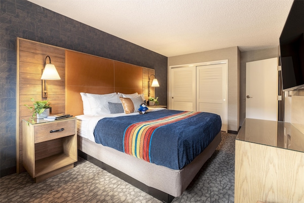 Premium bedding, desk, blackout drapes, iron/ironing board