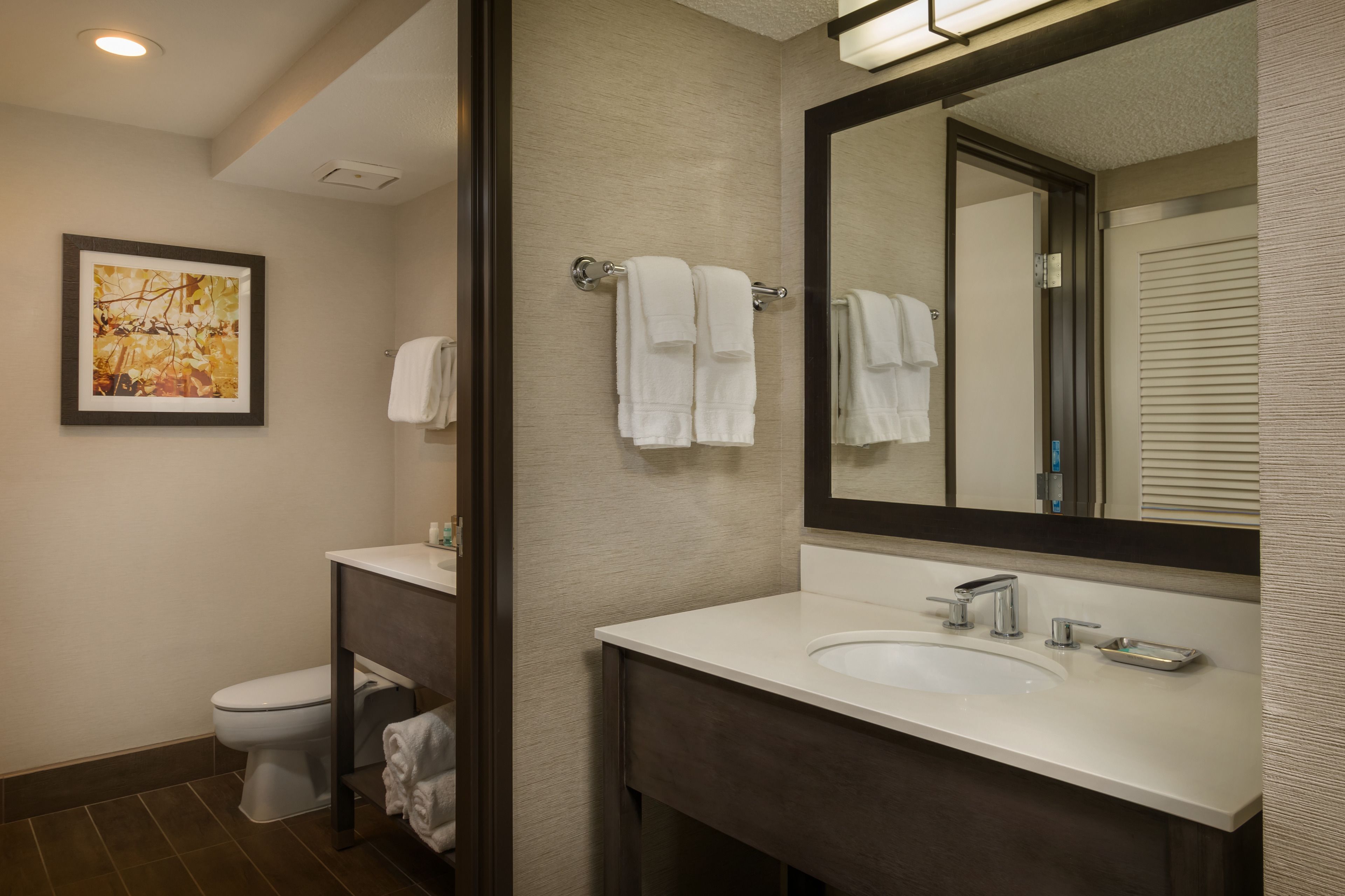 combined shower/bathtub, free toiletries, hair dryer, towels