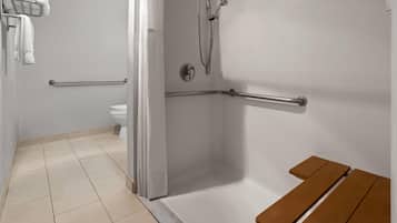 A bathroom with a shower, toilet, and a bench.