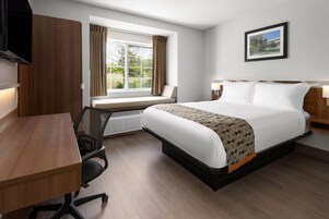 Hypo-allergenic bedding, desk, blackout drapes, iron/ironing board