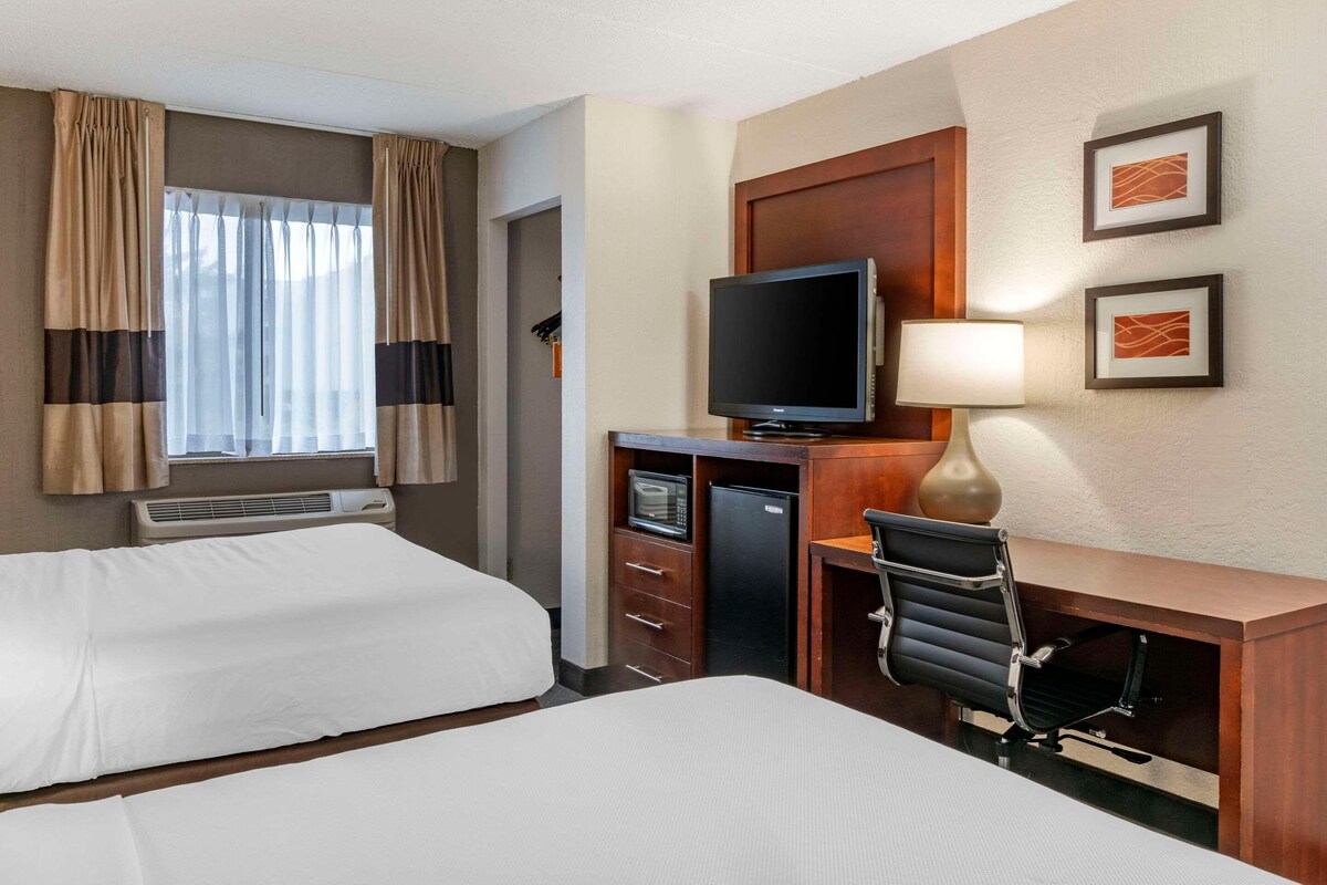 A hotel room with two beds, a desk with a chair, a television, a lamp, and a microwave.
