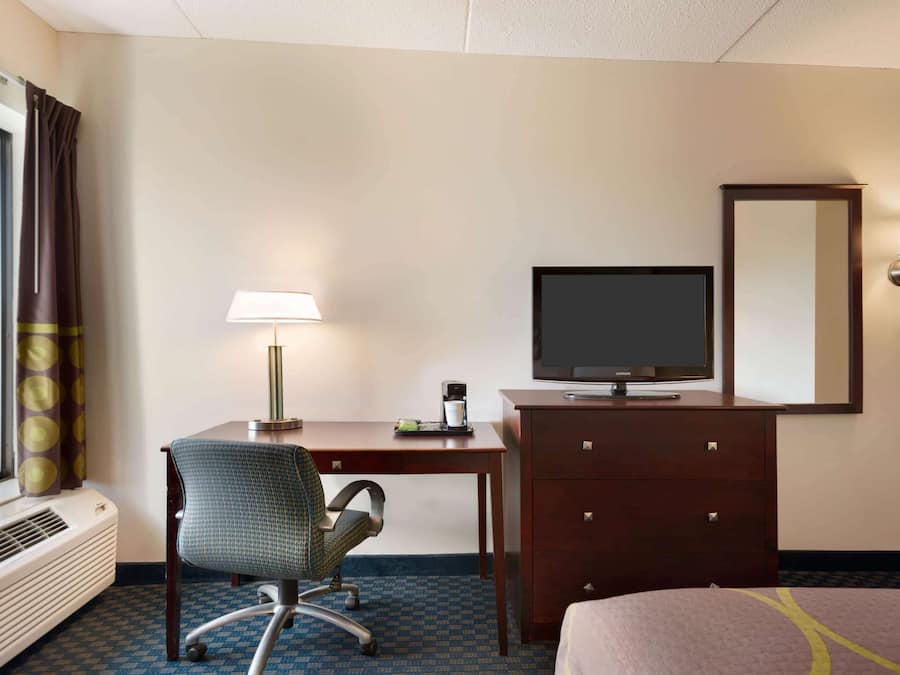 A hotel room with a desk, chair, television, dresser, and a bed.