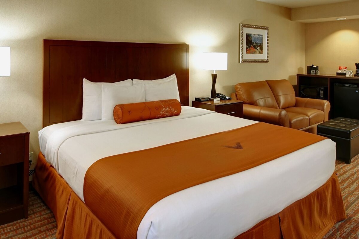 A hotel room with a large bed, a desk, a chair, a coffee maker, and a framed picture on the wall.