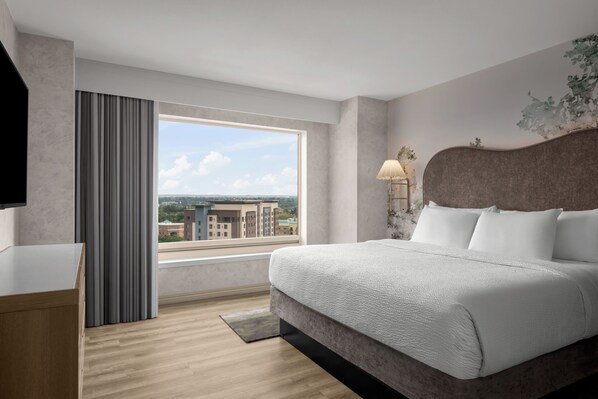 Premium bedding, pillowtop beds, desk, laptop workspace