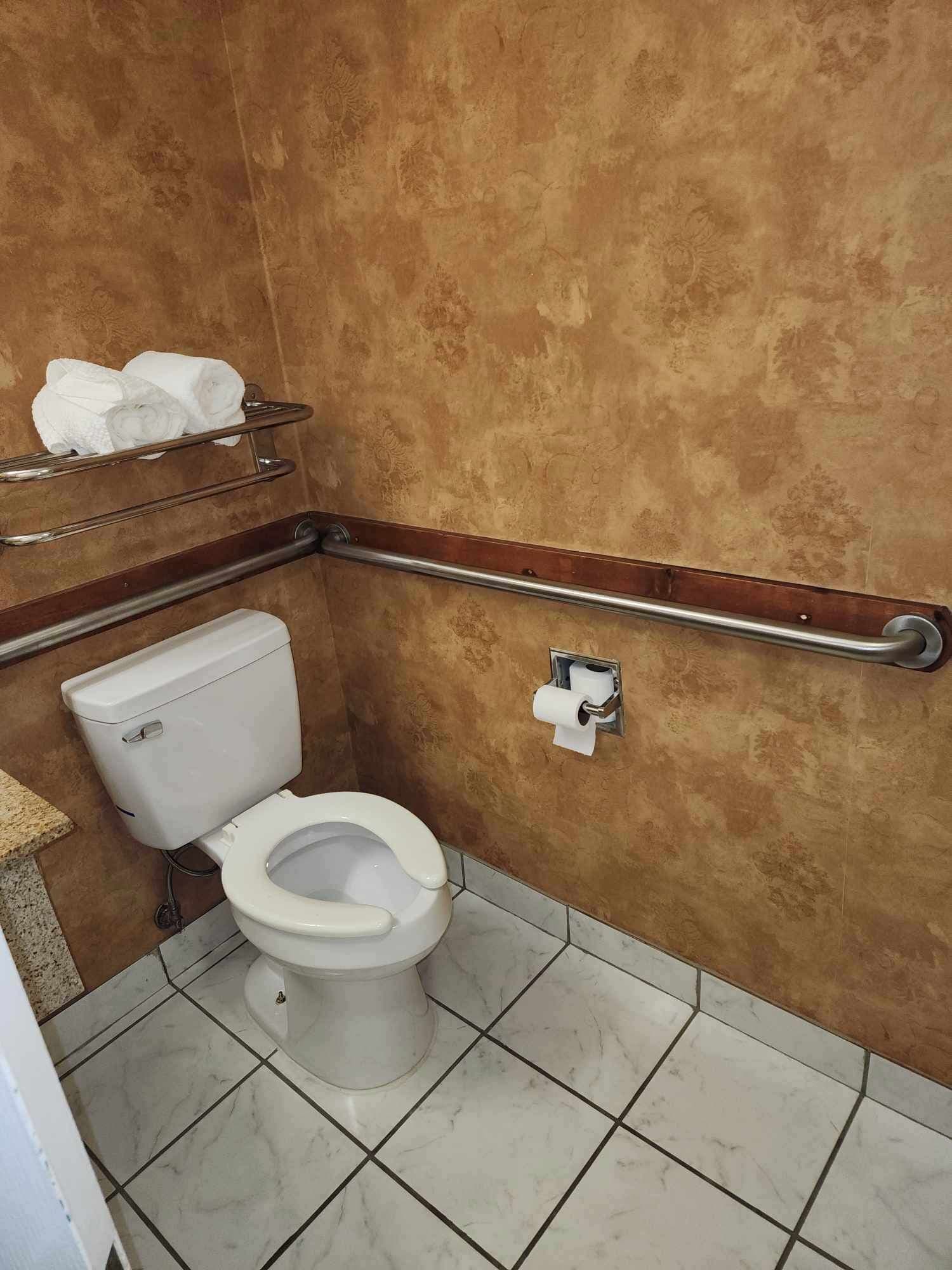 Et badeværelse med toilet, gelænder og håndklædestang.