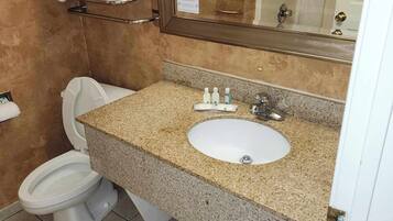 A bathroom with a white toilet, a granite countertop sink, and a mirror above the sink.