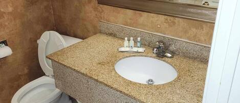 Une salle de bain avec des toilettes blanches, un lavabo surmonté d’un plan de travail en granit et un miroir au-dessus du lavabo.