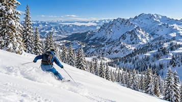 A person skiing down a snow-covered slope with a mountainous landscape in the background.