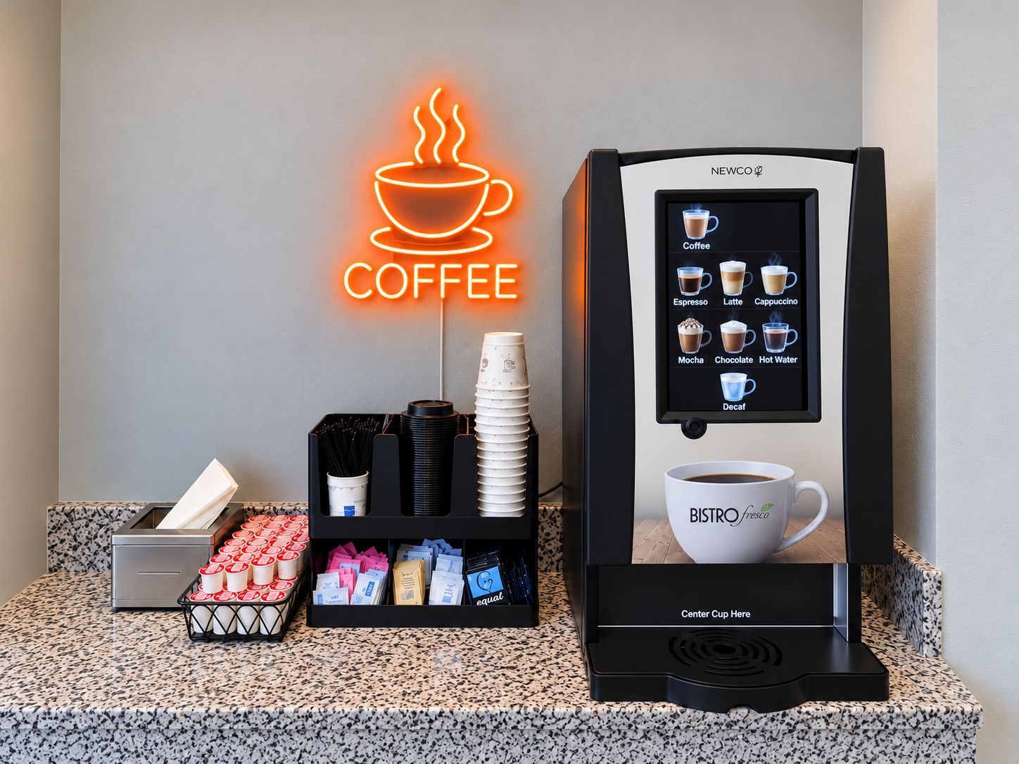 A coffee machine with a selection menu, disposable cups, and a neon coffee sign.