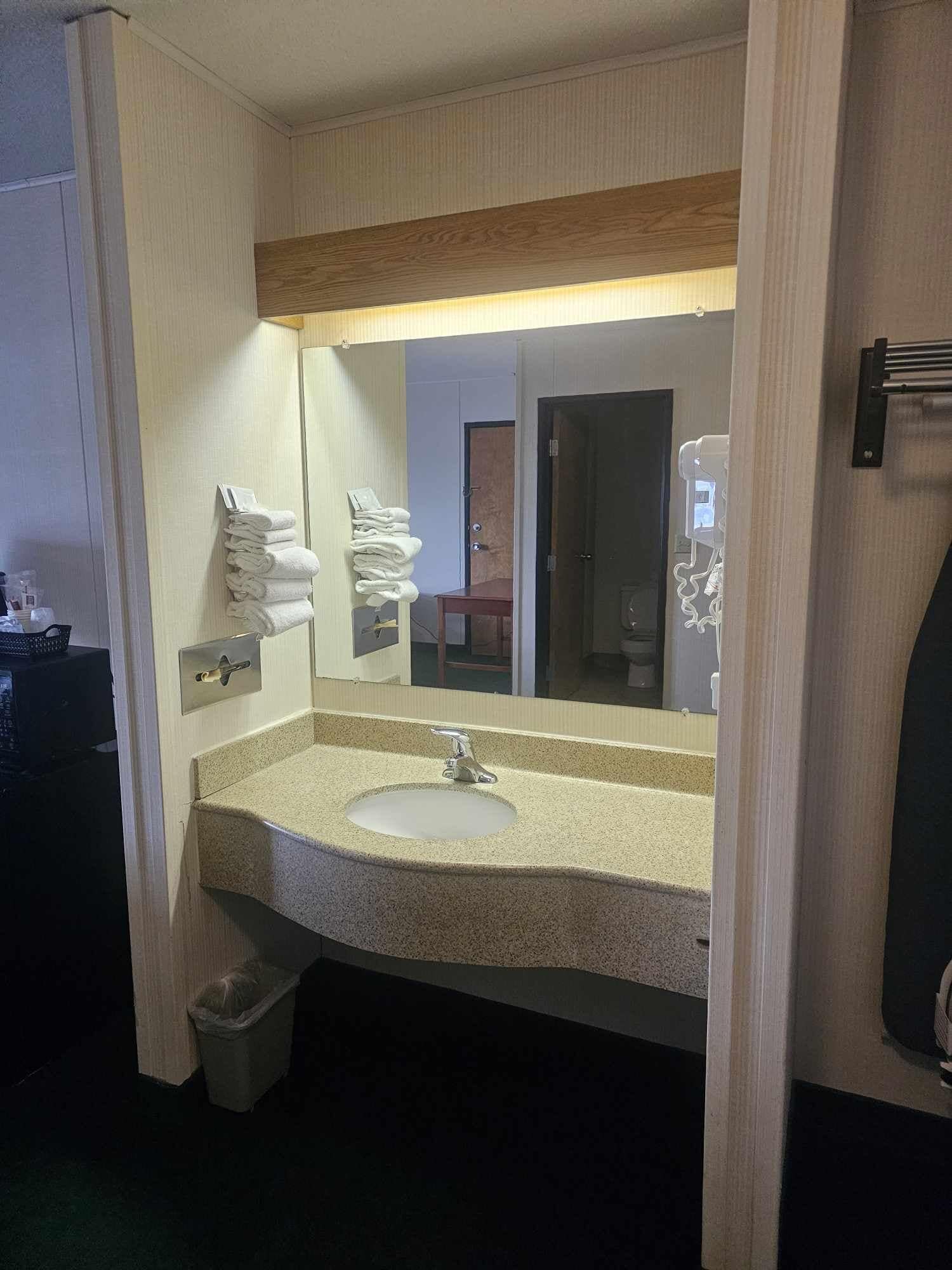 A hotel bathroom with a sink, mirror, towel rack, and a trash bin.