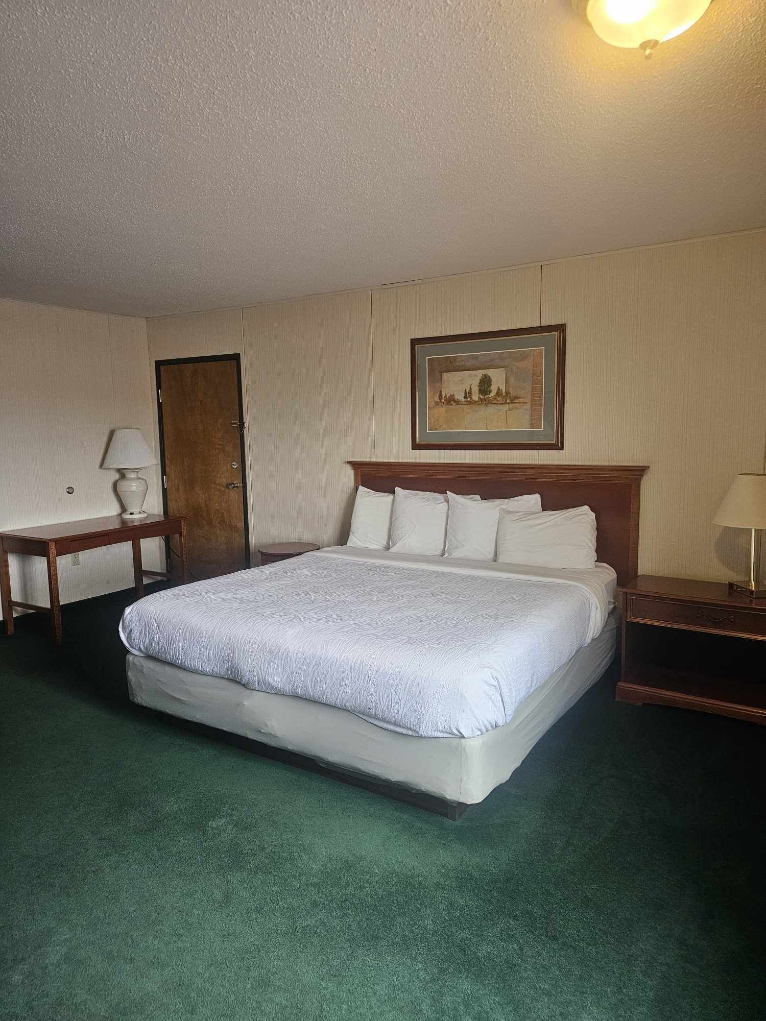 A hotel room with a large bed, a desk, a chair, a lamp, and a framed picture on the wall.