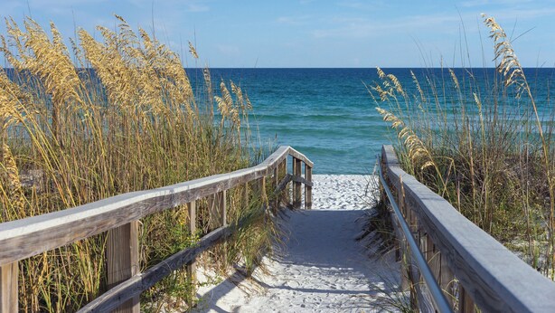 A wooden pathway leading to a beach with a wooden railing on one side. - Harrah's Gulf Coast Hotel & Casino - A Caesars Rewards Destination (Biloxi)