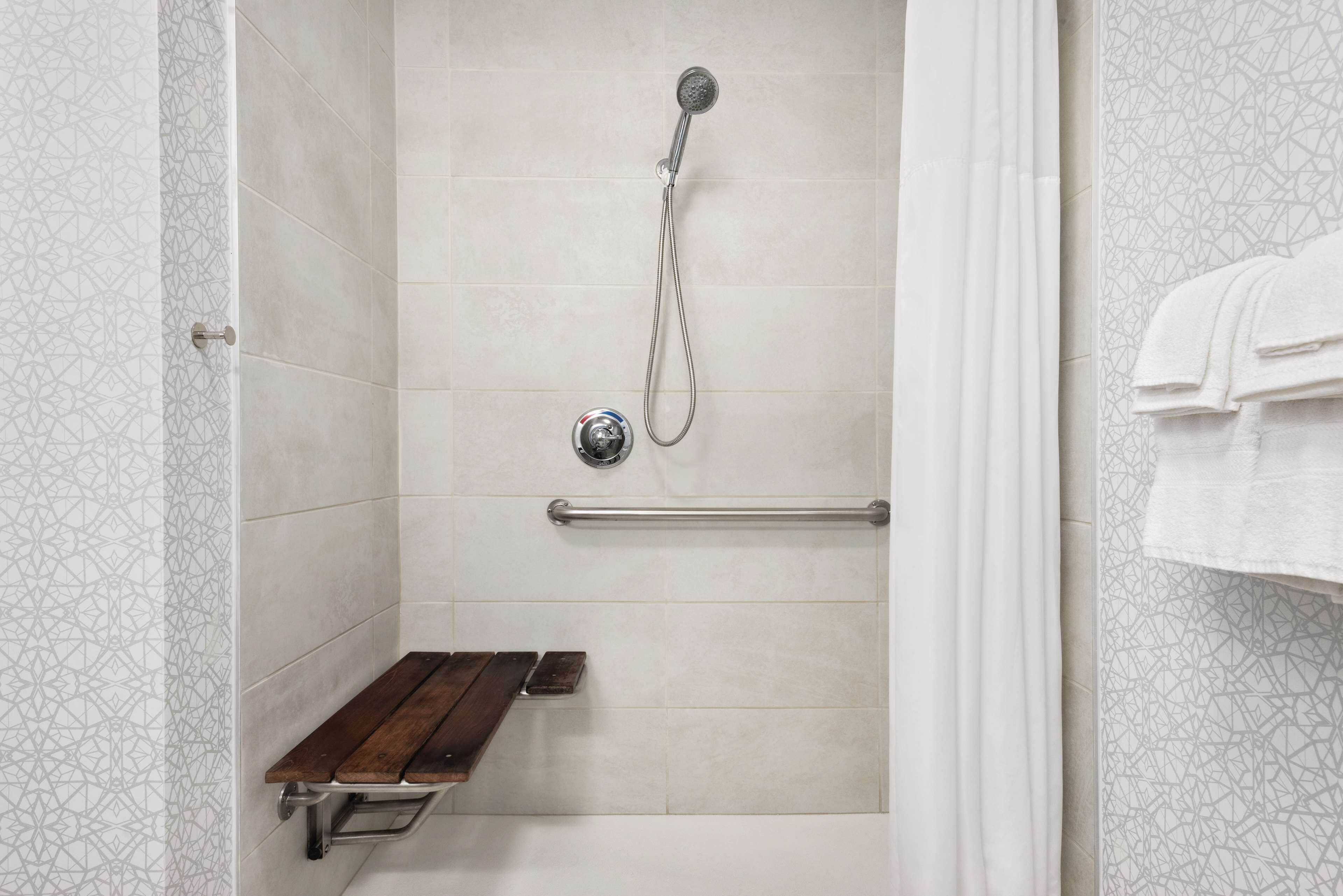 1 queen mobility access roll in shower nonsmoking | bathroom | shower, free toiletries, hair dryer, towels