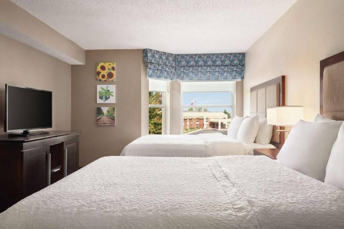 Habitación de hotel con dos camas, televisión, escritorio y ventana con vistas.
