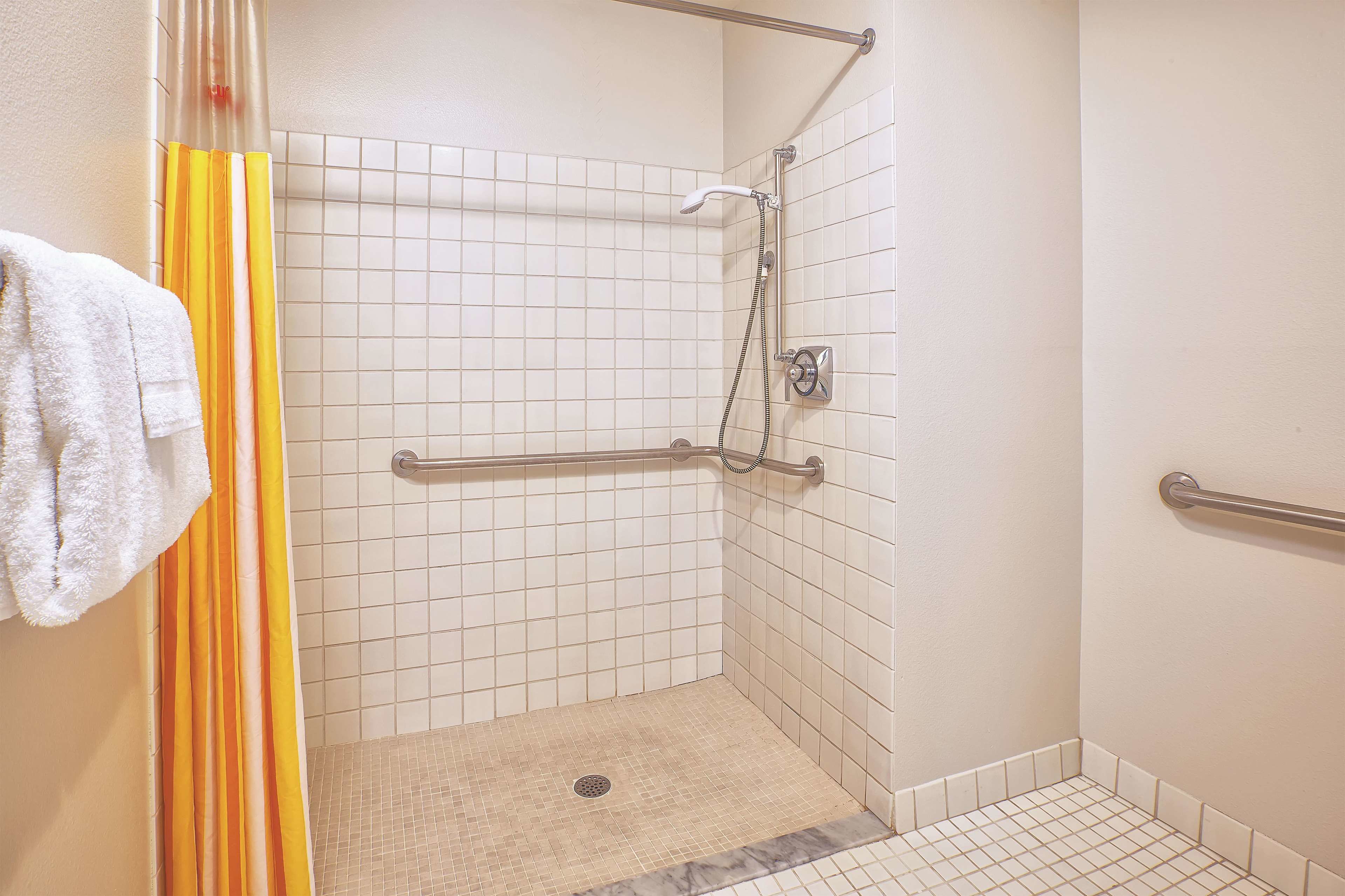 combined shower/bathtub, free toiletries, hair dryer, towels