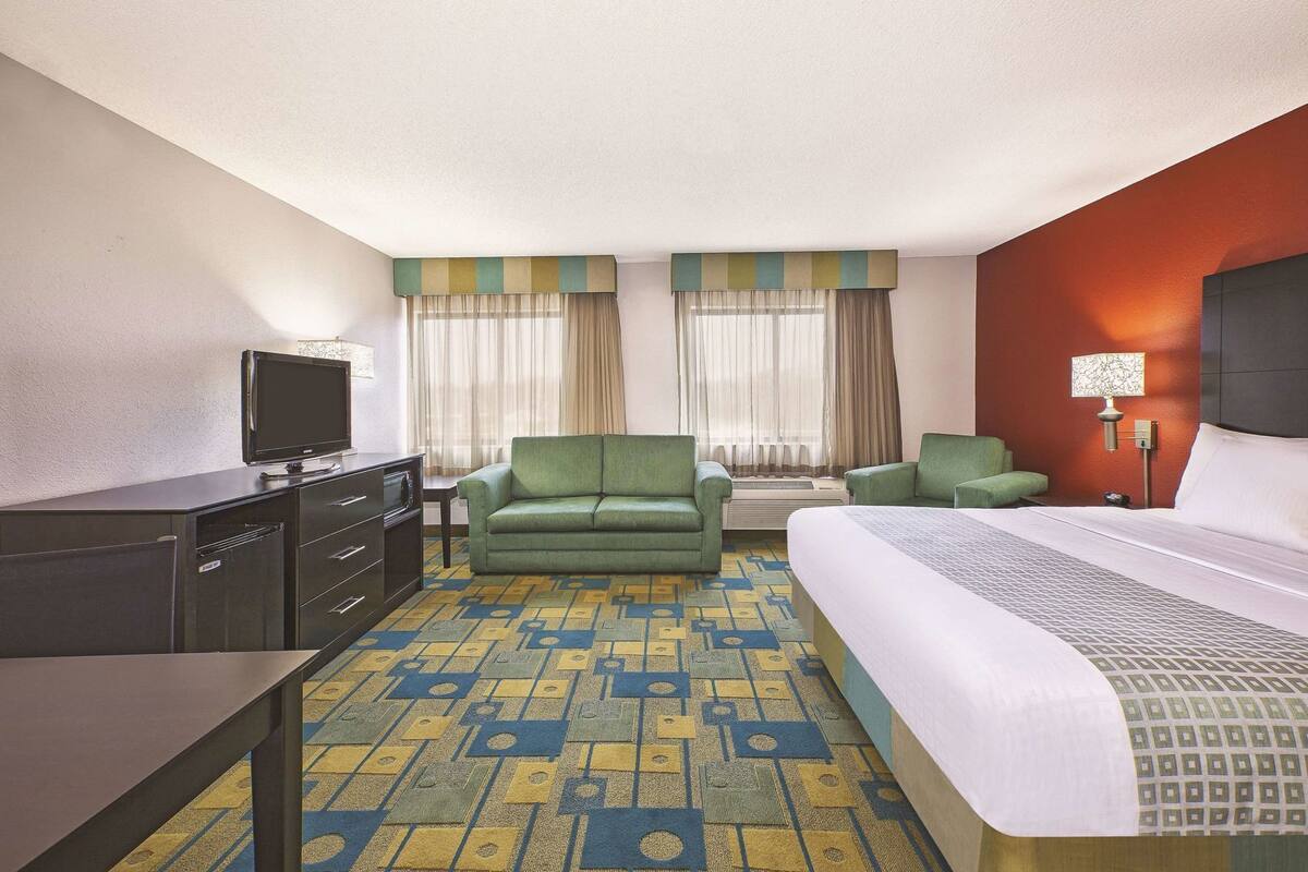 Una habitación de hotel con cama, sofá, televisión, escritorio y alfombra estampada.