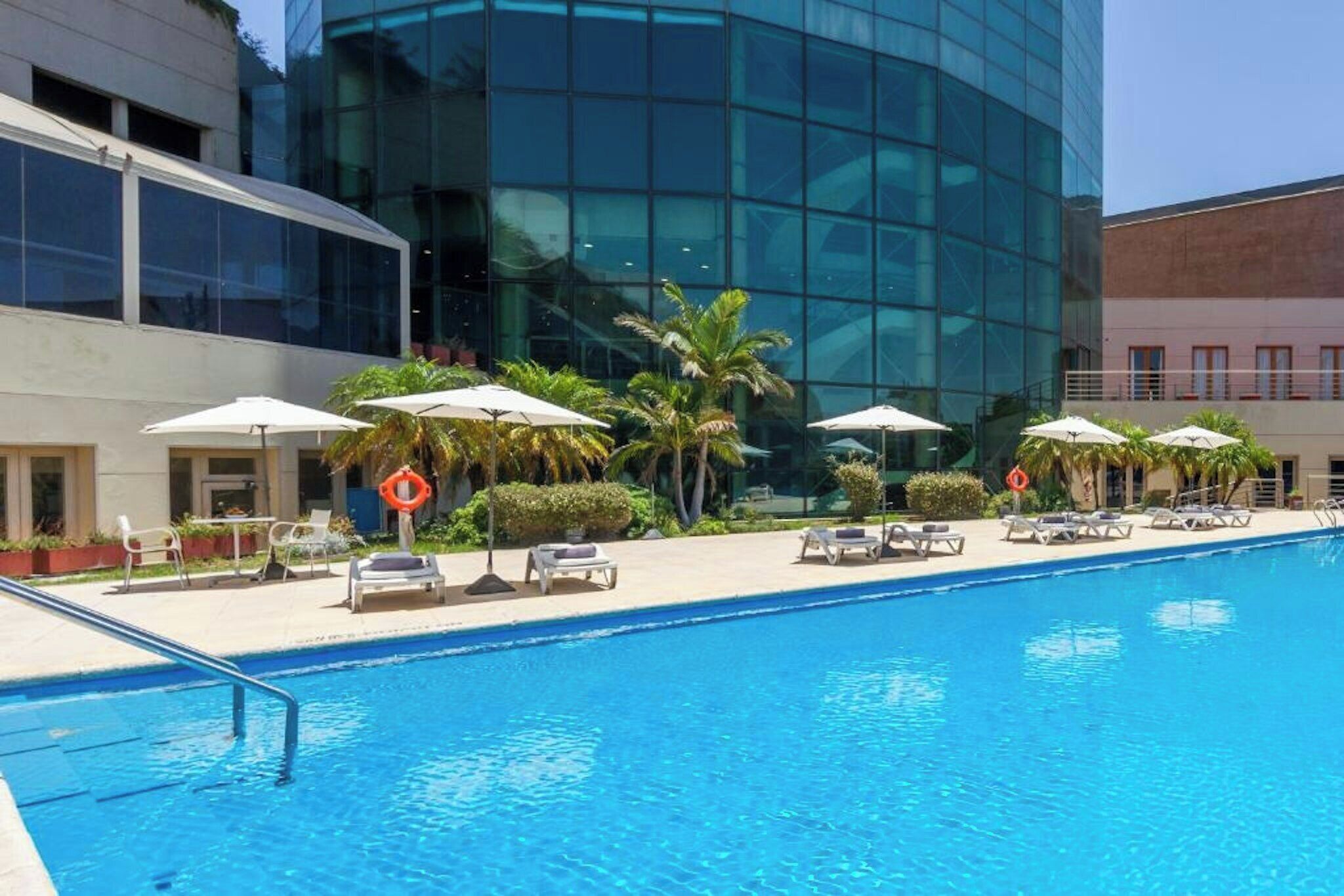 Una piscina con sillones de descanso y sombrillas, rodeada de palmeras y edificios modernos.