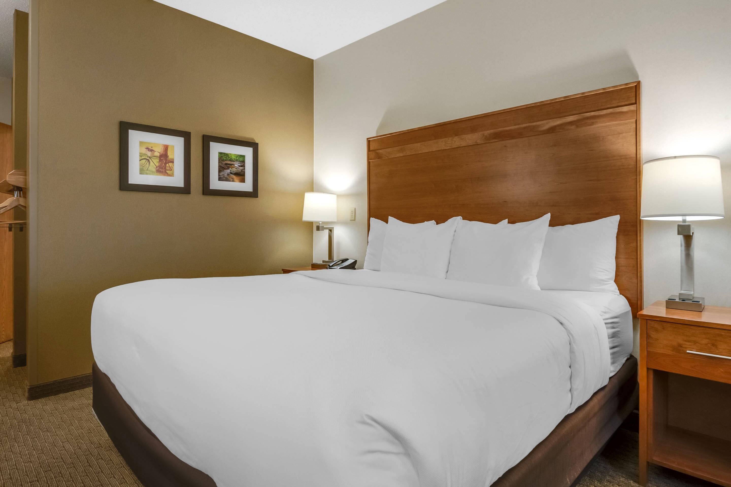 Habitación de hotel con una cama grande, cabecera de madera, dos lámparas de noche y dos cuadros en la pared.