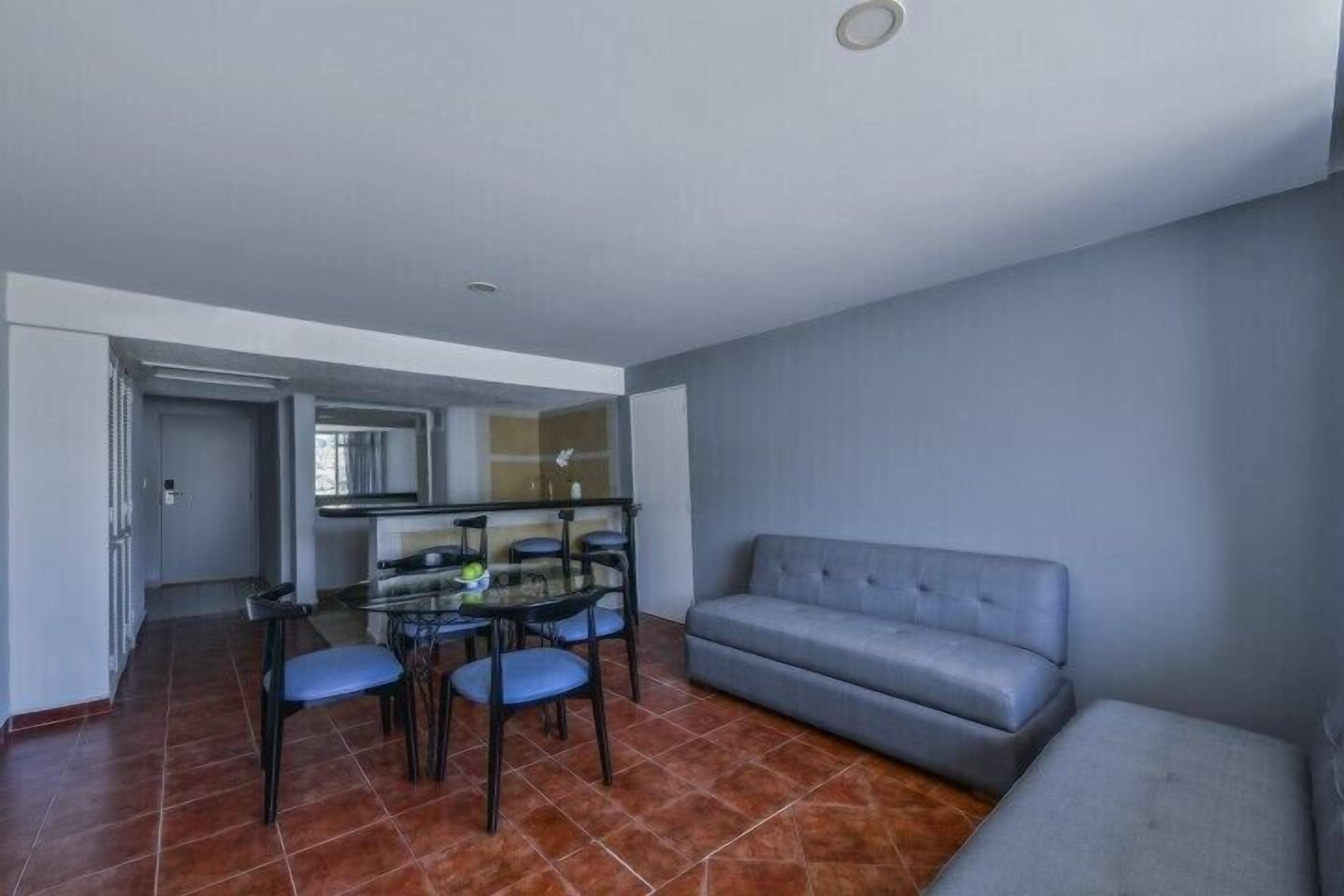 A living room with a sofa, a dining table with chairs, and a kitchen area in the background.