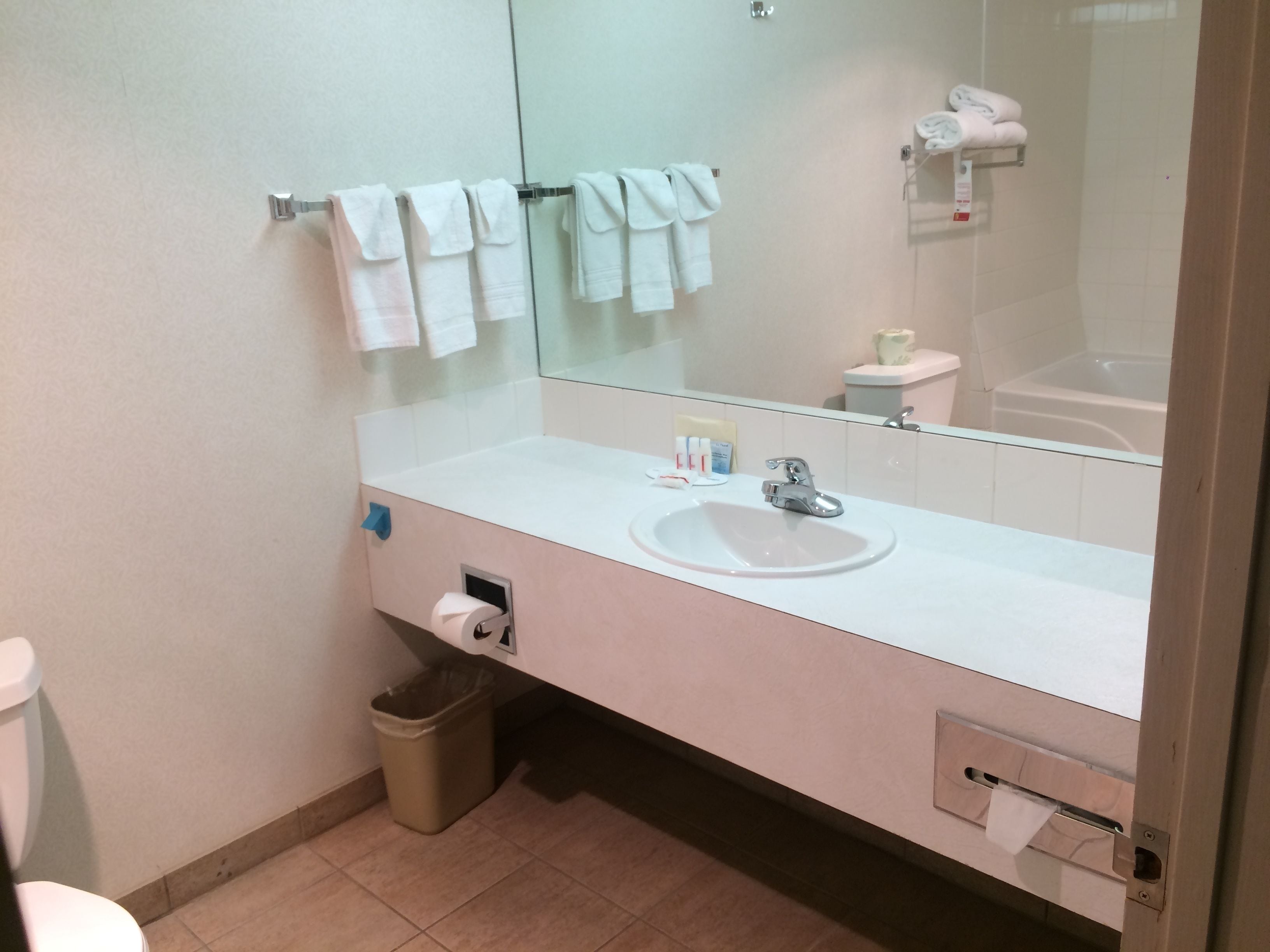 A bathroom with a white sink, mirror, and towel rack.
