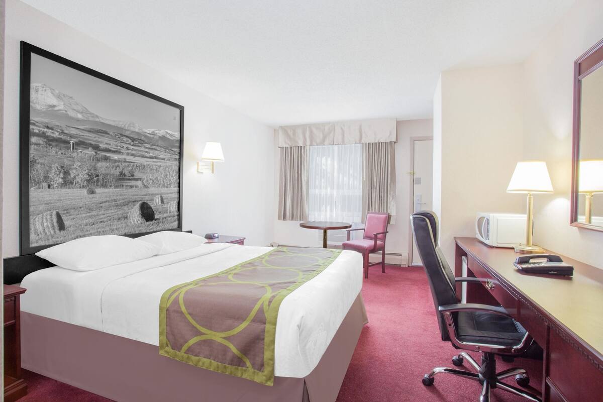Habitación de hotel con cama, escritorio, silla, mesa redonda y un cuadro grande en la pared.
