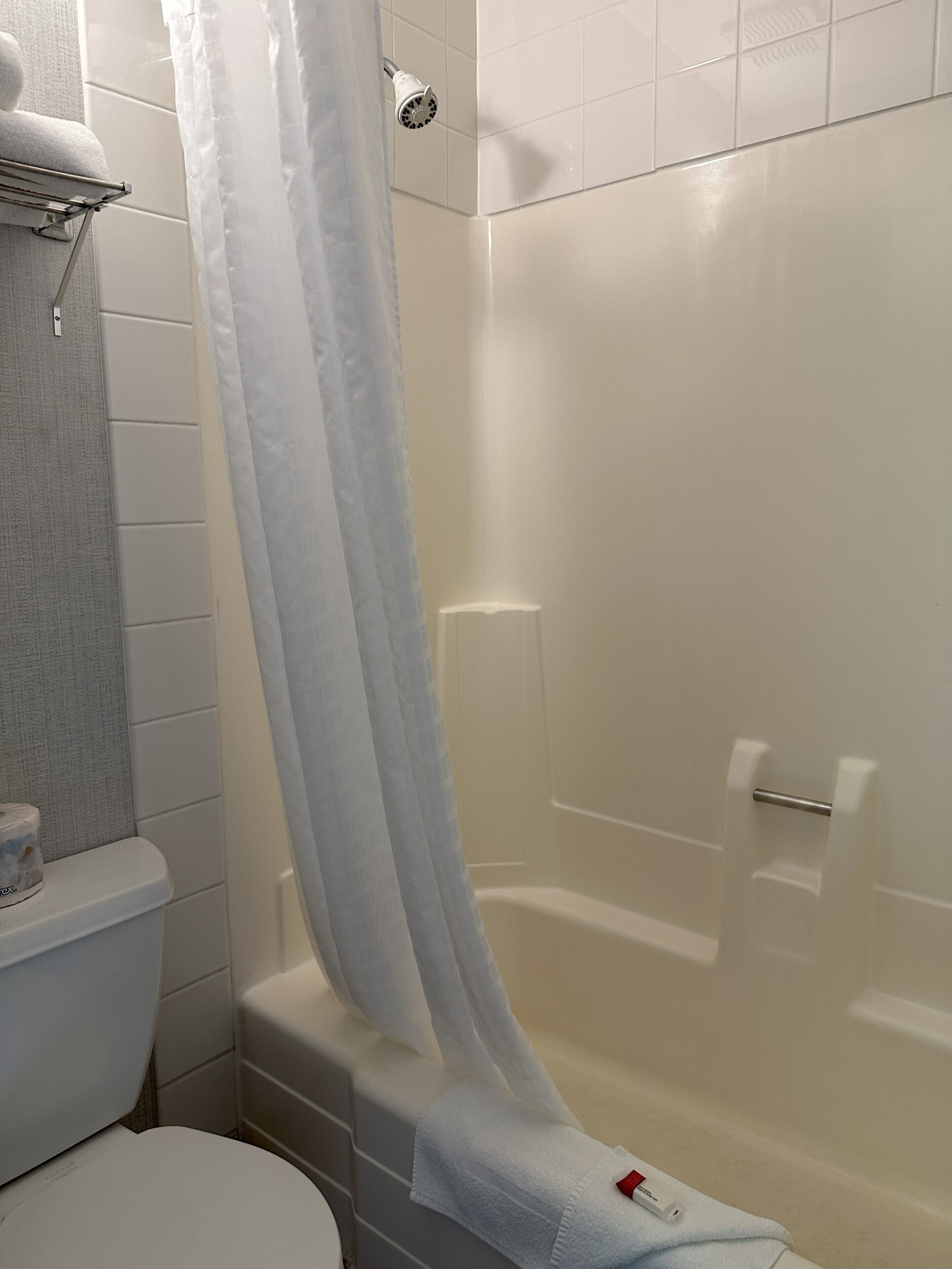 Un baño con ducha, inodoro y perchero para toallas.